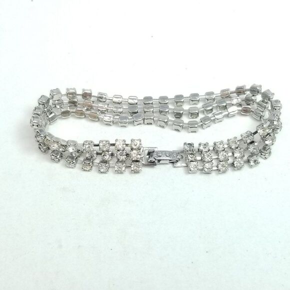 Vintage Sparkly Rhinestone Silver Tone Three Row Bangle Bracelet, 50s 60s Style - Picture 3 of 5